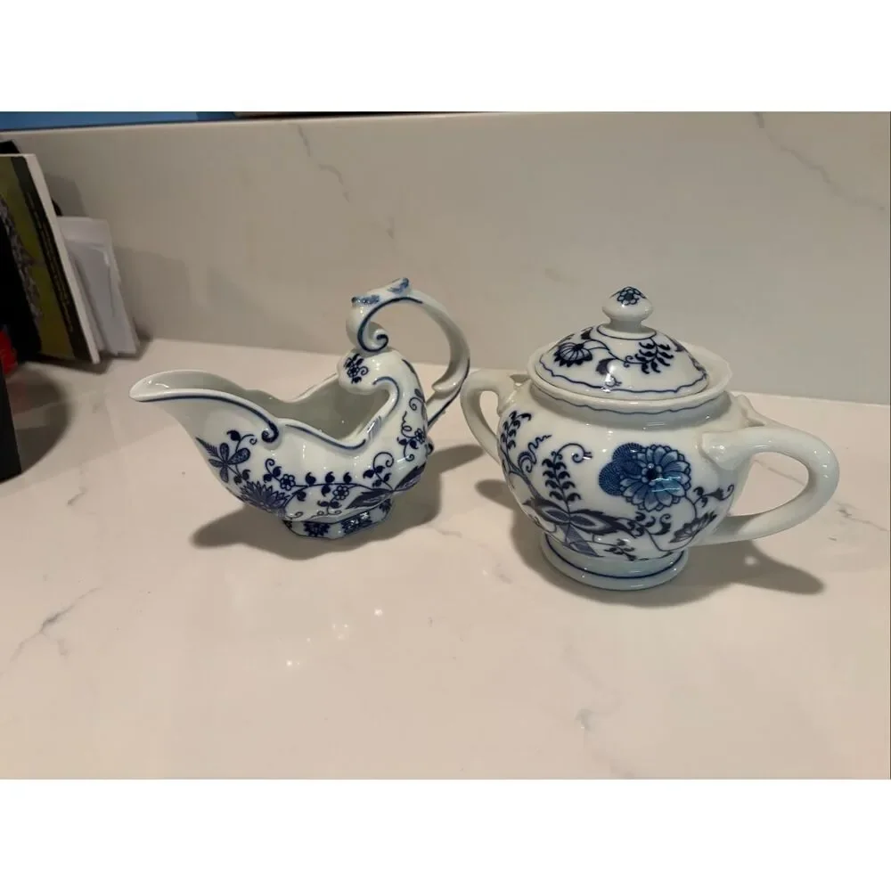 Vintage Onion pattern blue and white Gravy Boat and Sugar Bowl
